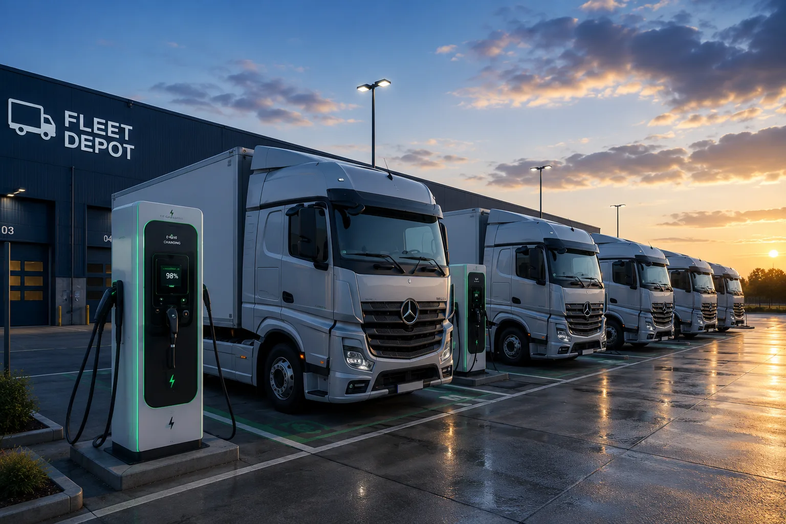 Electric HGV depot at dusk: articulated lorries parked nose-in at high-power charging units in marked bays, outside a building signed Fleet Depot