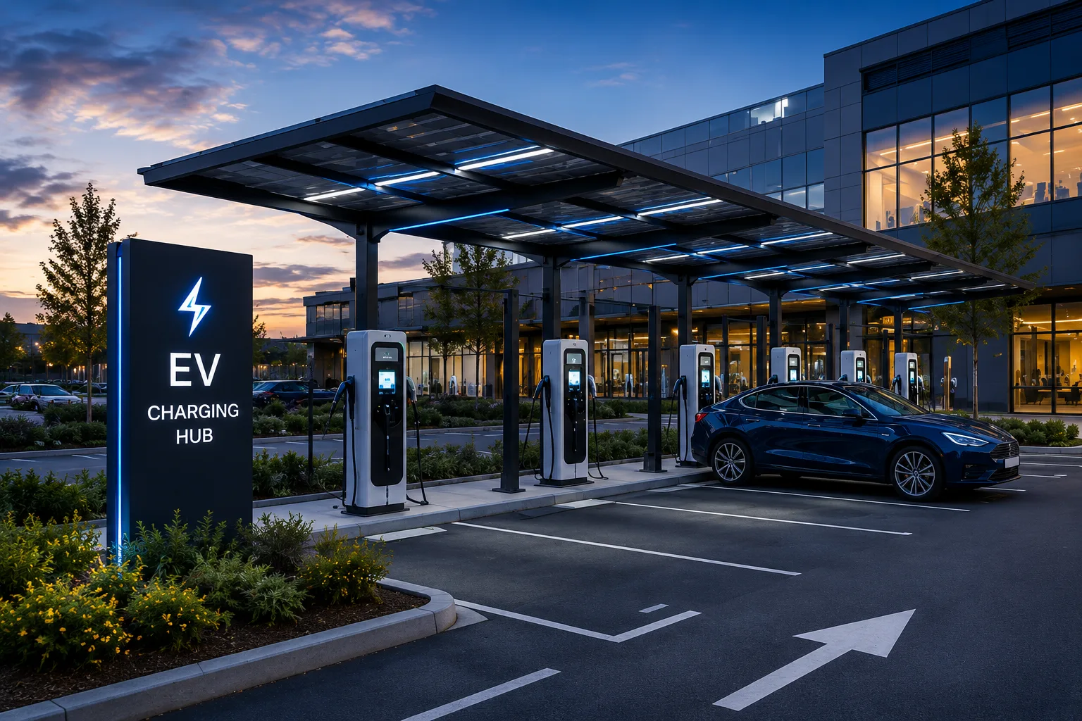 Rapid charging hub at dusk: six DC charging units lined up beneath a lit canopy, with a car on charge in a marked bay and an office building behind