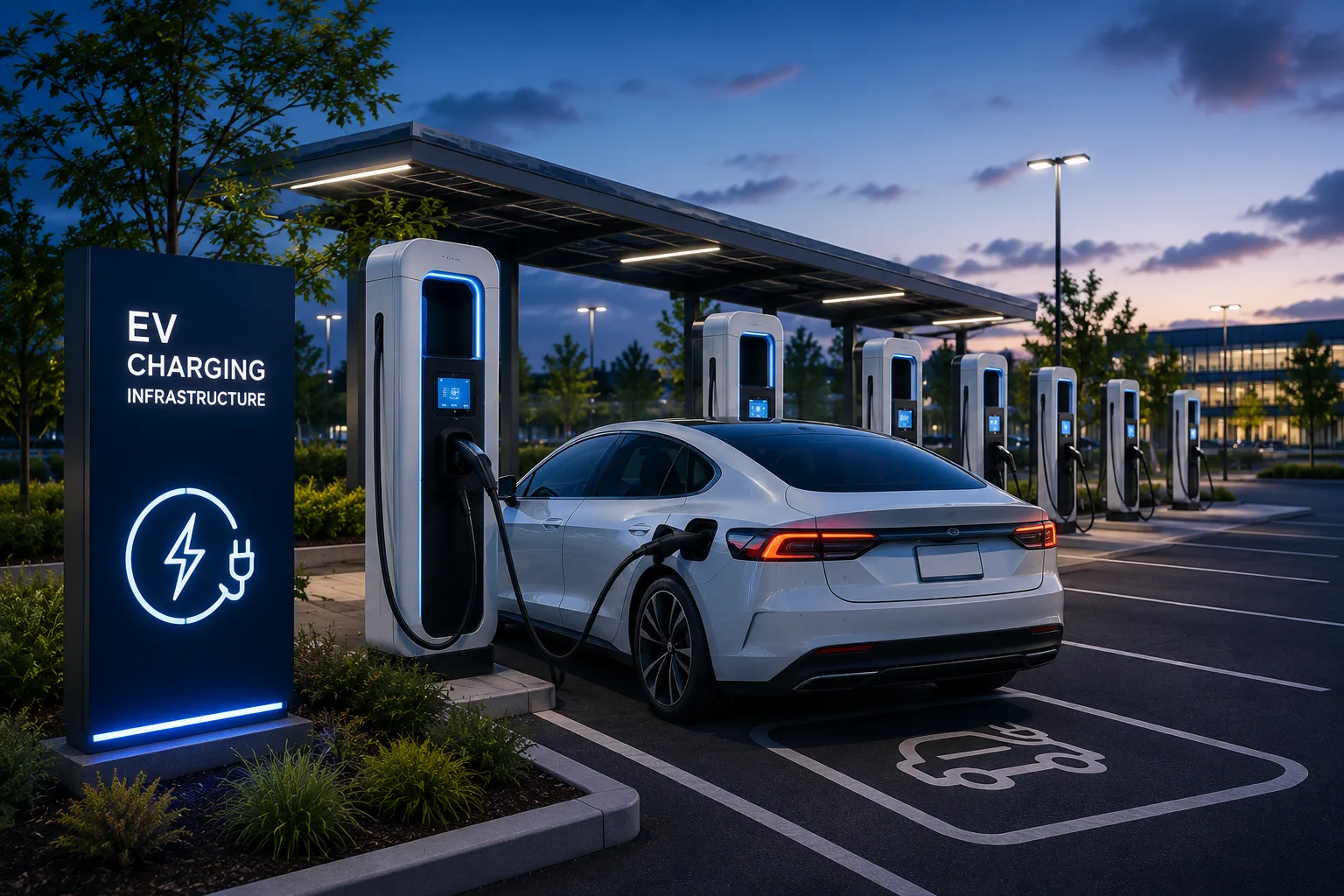 Electric car on charge at dusk beneath a lit charging canopy, with a row of illuminated DC charging units and a totem sign reading EV Charging Infrastructure
