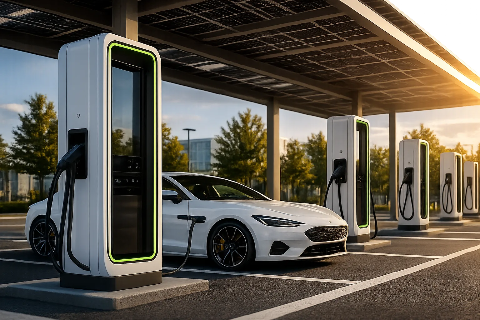 White electric car plugged into a DC rapid charger in a covered charging bay, with a line of further charging units under the same canopy