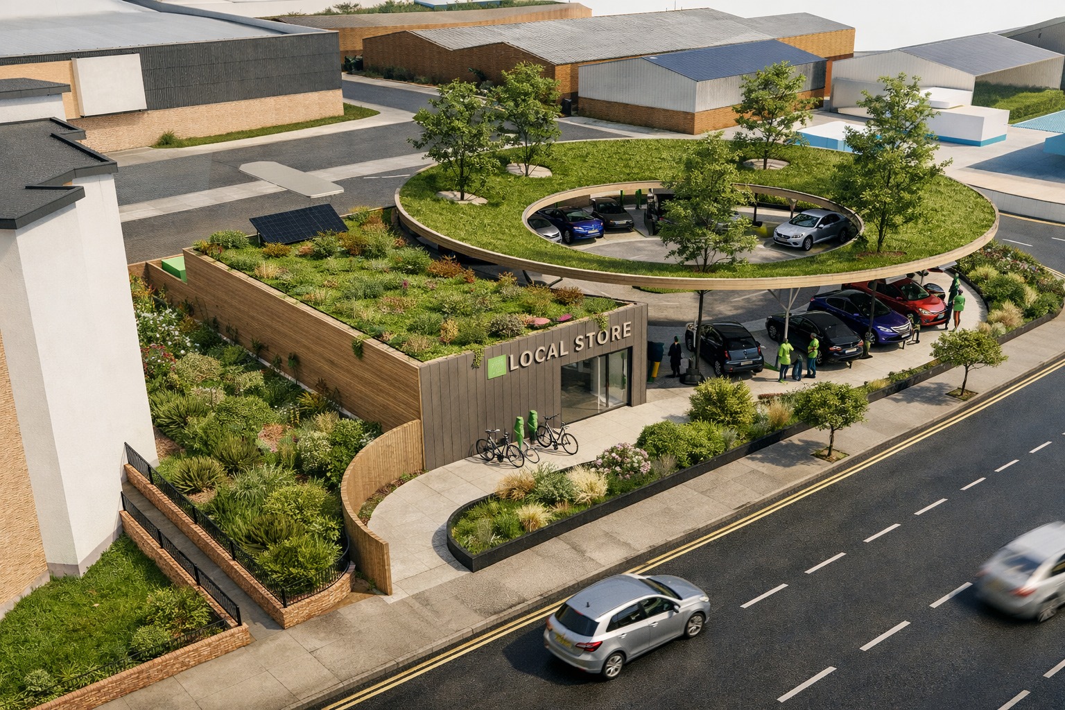 A landscaped EV charging destination